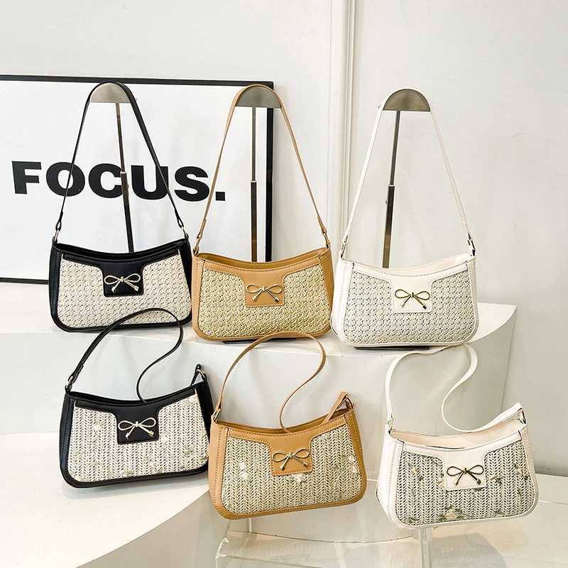 Summer Beach Woven Shoulder Bag for Women Vintage PU Leather Cute Bow Str Baguette Purse Ladies Underarm Bag Small Handbag XJ250605