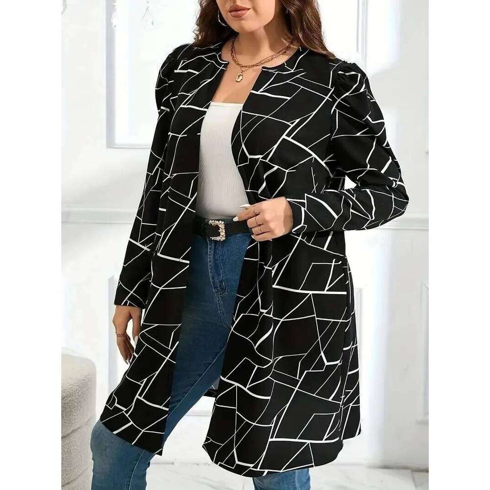 GIBSIE Plus Size Geo Print Open Front O-Neck Coat Women Spring Autumn Black Elegant Long Sleeve OL Female Loose Coats