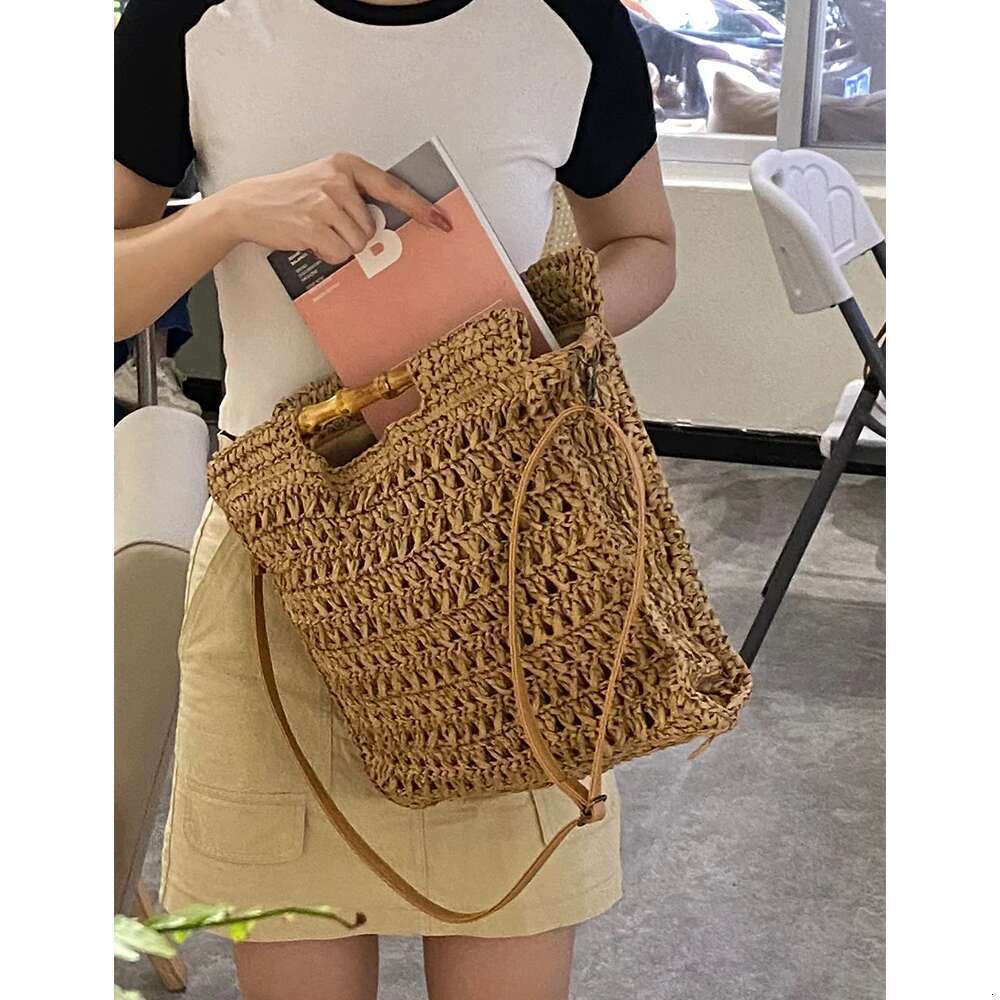 Bamboo Handle Straw Handbag Handmade Woven Beach Bags For Women Paper Rope Knitting Rattan Square Shoulder Crossbody Bag New