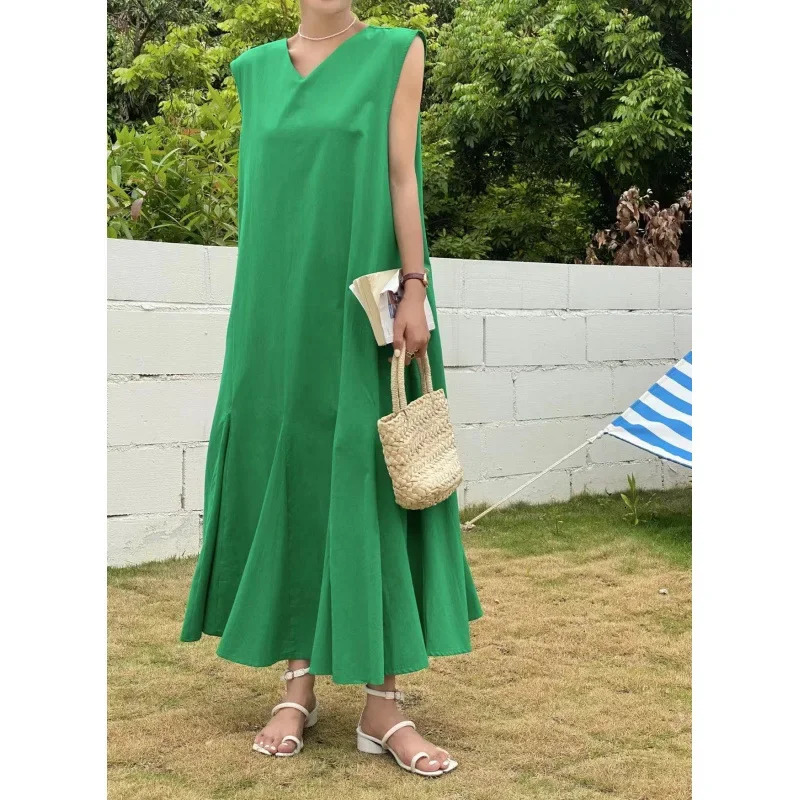 Retro Vneck Sleeveless Maxi Dress Korean Style Casual Long Overknee Pure Color Loose Fit Comfortable Lazy Dress 250604
