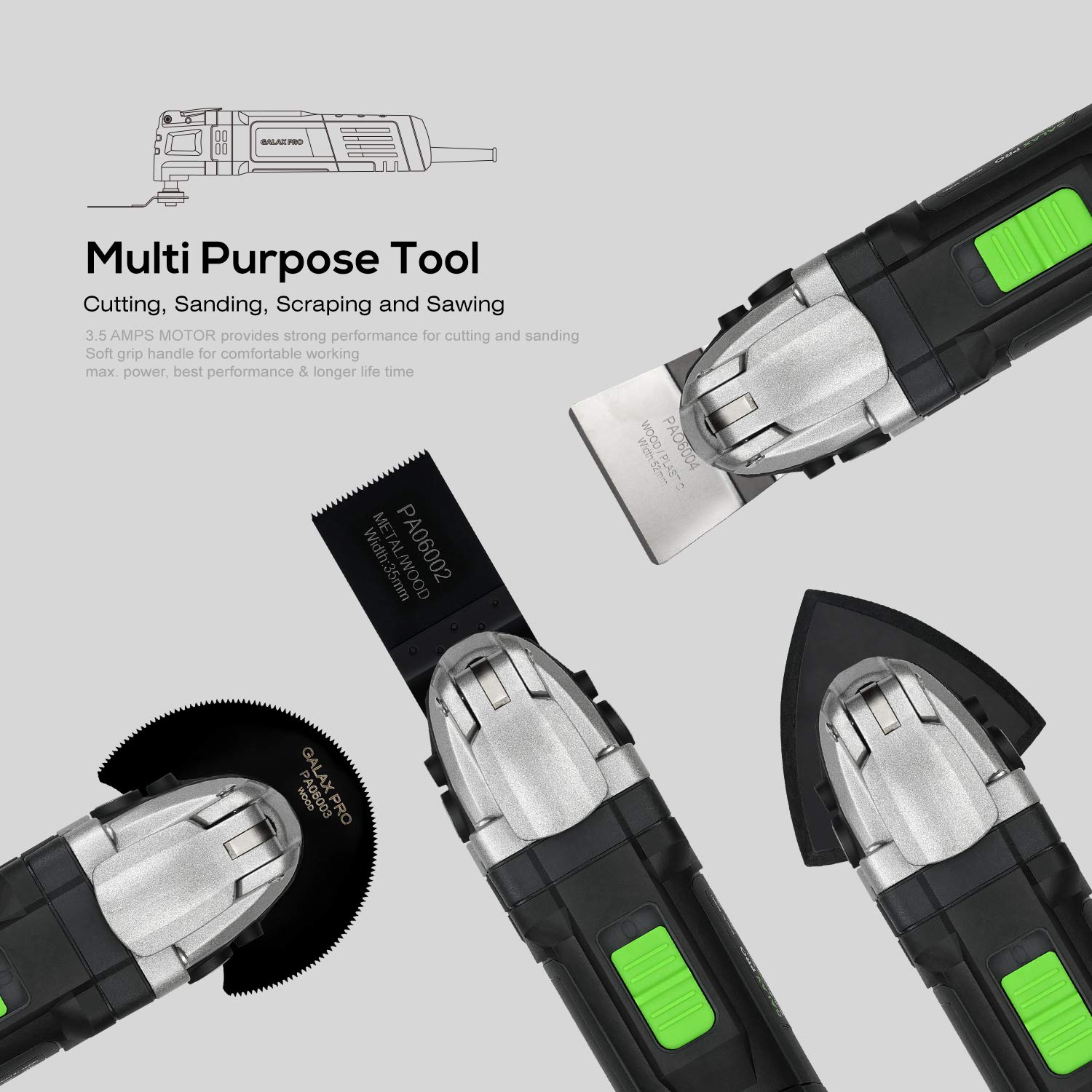 GALAX PRO Oscillating Tool, 400W Multifunction Tool 6 Variable Speed Oscillating Vibration Angle 4 Degrees Quick Change System for Cutting Sanding and