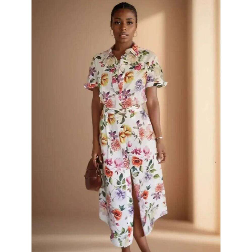 Holiday Short Sleeve Long For Women 2025 Summer New Women's Fashion Simple Printed Poplin Midi Beach Dress