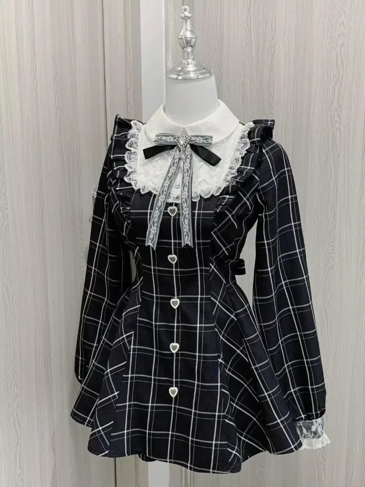 Harajuku Sweet Bow Black Plaid Dresses Allmatch Slim Fit Kawaii Lolita Dress for Women Autumn Long Sleeve Vestidos De Mujer 250526