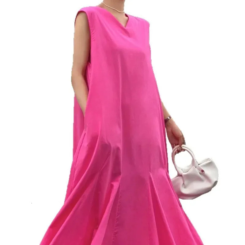 Retro Vneck Sleeveless Maxi Dress Korean Style Casual Long Overknee Pure Color Loose Fit Comfortable Lazy Dress 250604