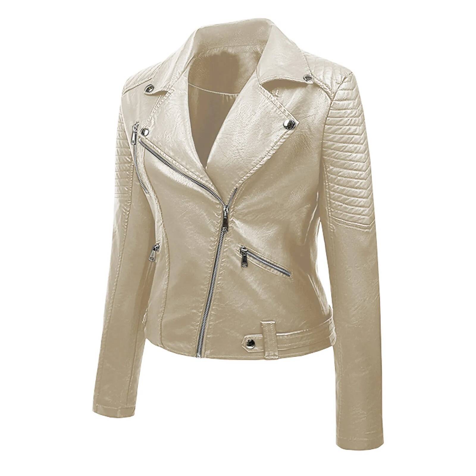 Women Motorcycle Leather Jacket Outwear Asymmetrical Zip Up Trendy Bomber Jackets Slim Fit Lapel Belted Cropped Coats Streetwear