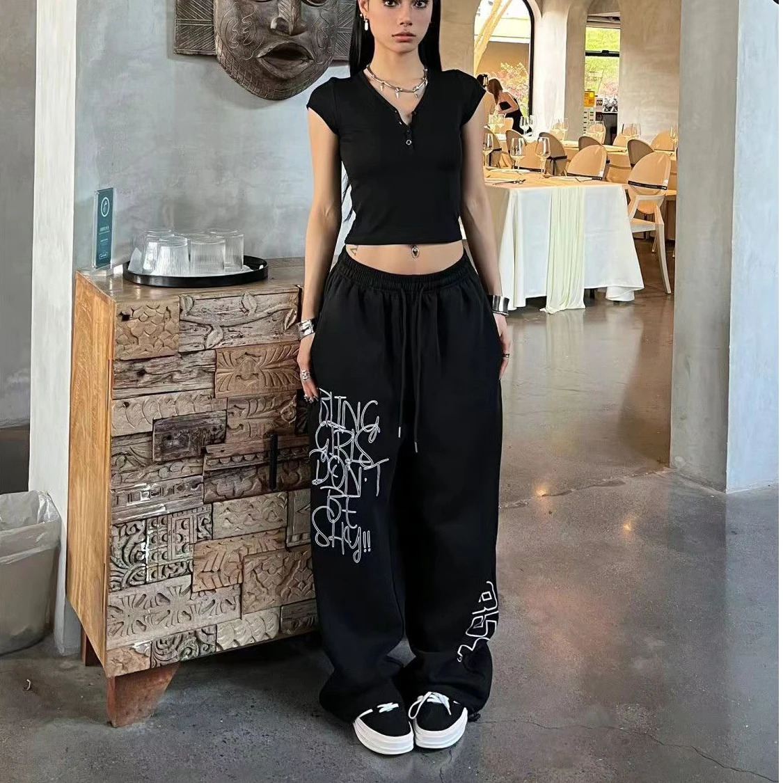 Hiphop Trendy Letter Print Women Pants High Waist American Fashion Wide Leg Woman Summer Street Dance Womens Pants 250604