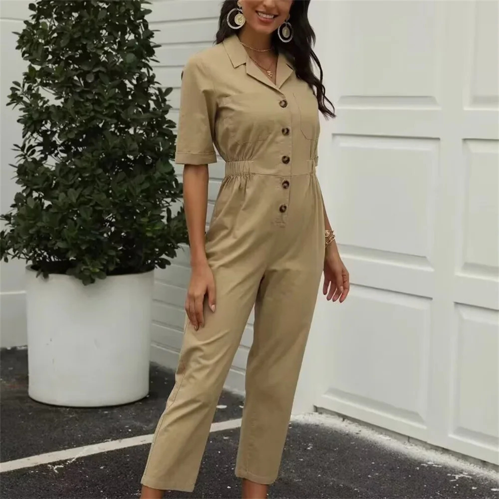 womens casual and elegant n with European American style shortsleeved solid color linen jumpsuit 250604