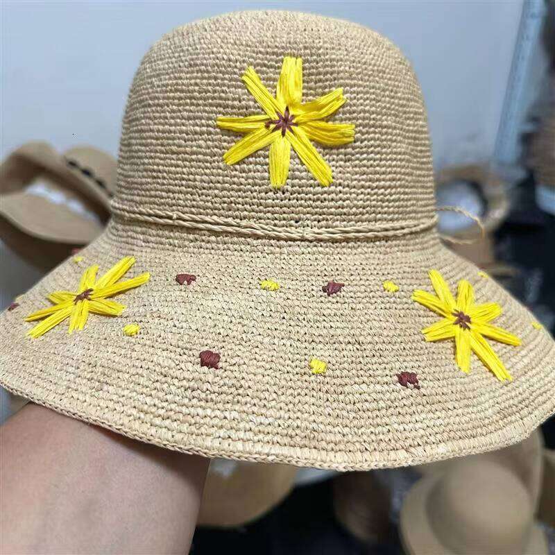Custom Handmade Crochet Women Embroidery Flower Beach Sun Foldable Bucket Straw Hat