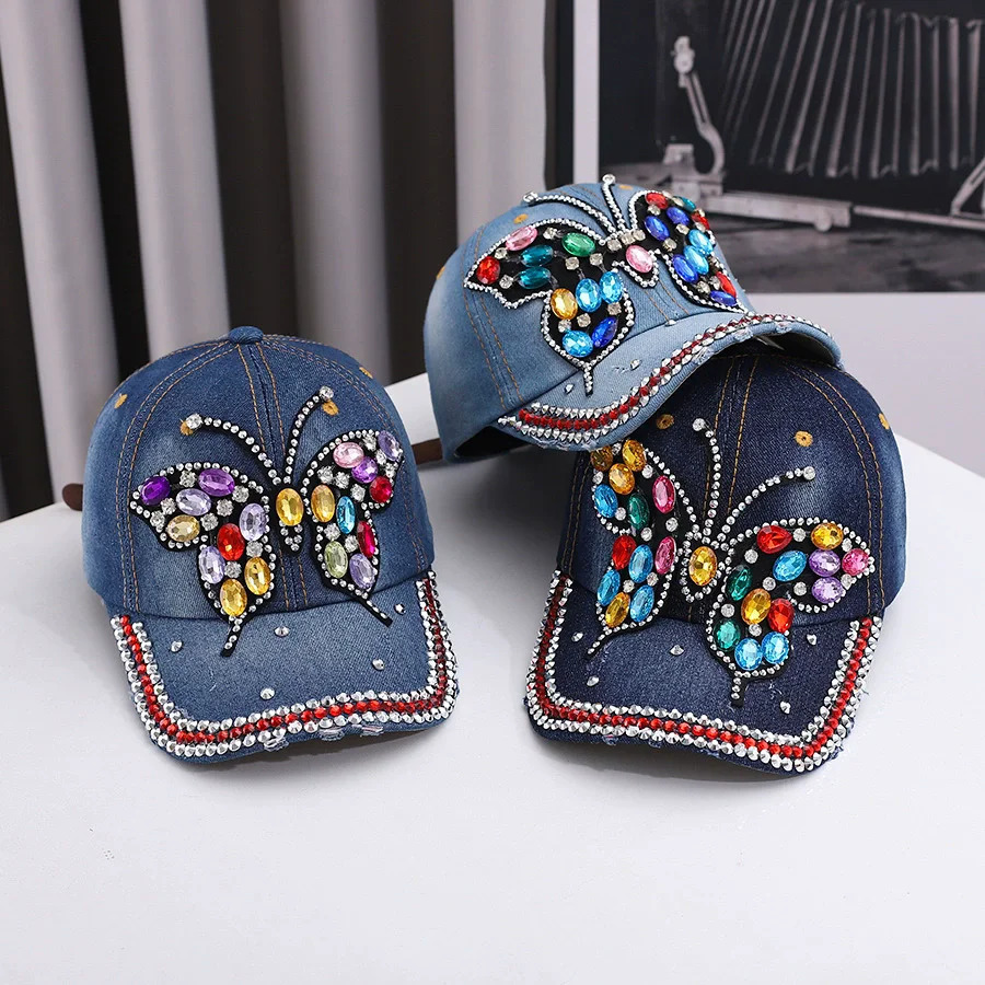Fashionable And Versatile Outdoor Casual Baseball Cap With Colorful Diamond Inlay Trendy Butterfly Middle-Aged Duckbill Cap 250603