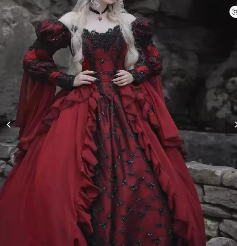 Medieval Gothic Prom Dresses Burgundy With Black Vintage Victorian Renaissance Special Occasion Gown Ruched Ruffle Long Sleeves Masquerade Princess Co
