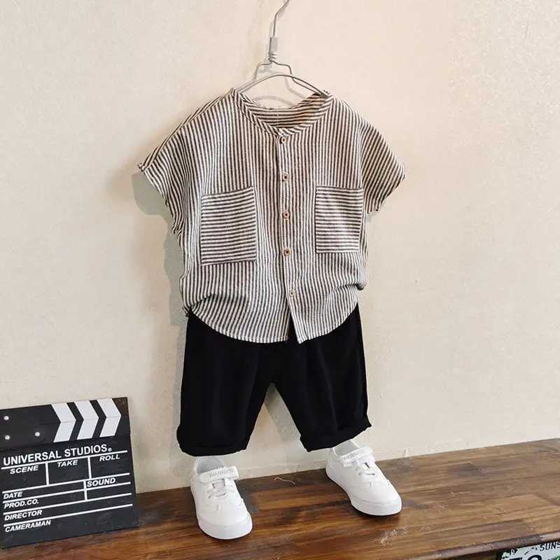Boys cotton and linen set summer outfit 2025 new style childrens western-style shirt shorts 2-piece set R250605