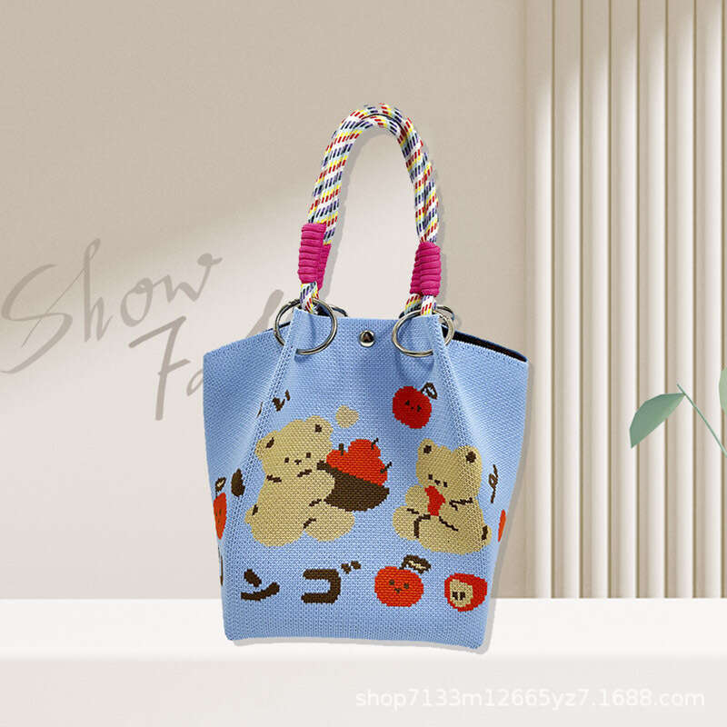 2025 New Ins Niche Design Knitted Handbag for Women Cute Bear Blue Makeup Storage Bag Fruit Pattern
