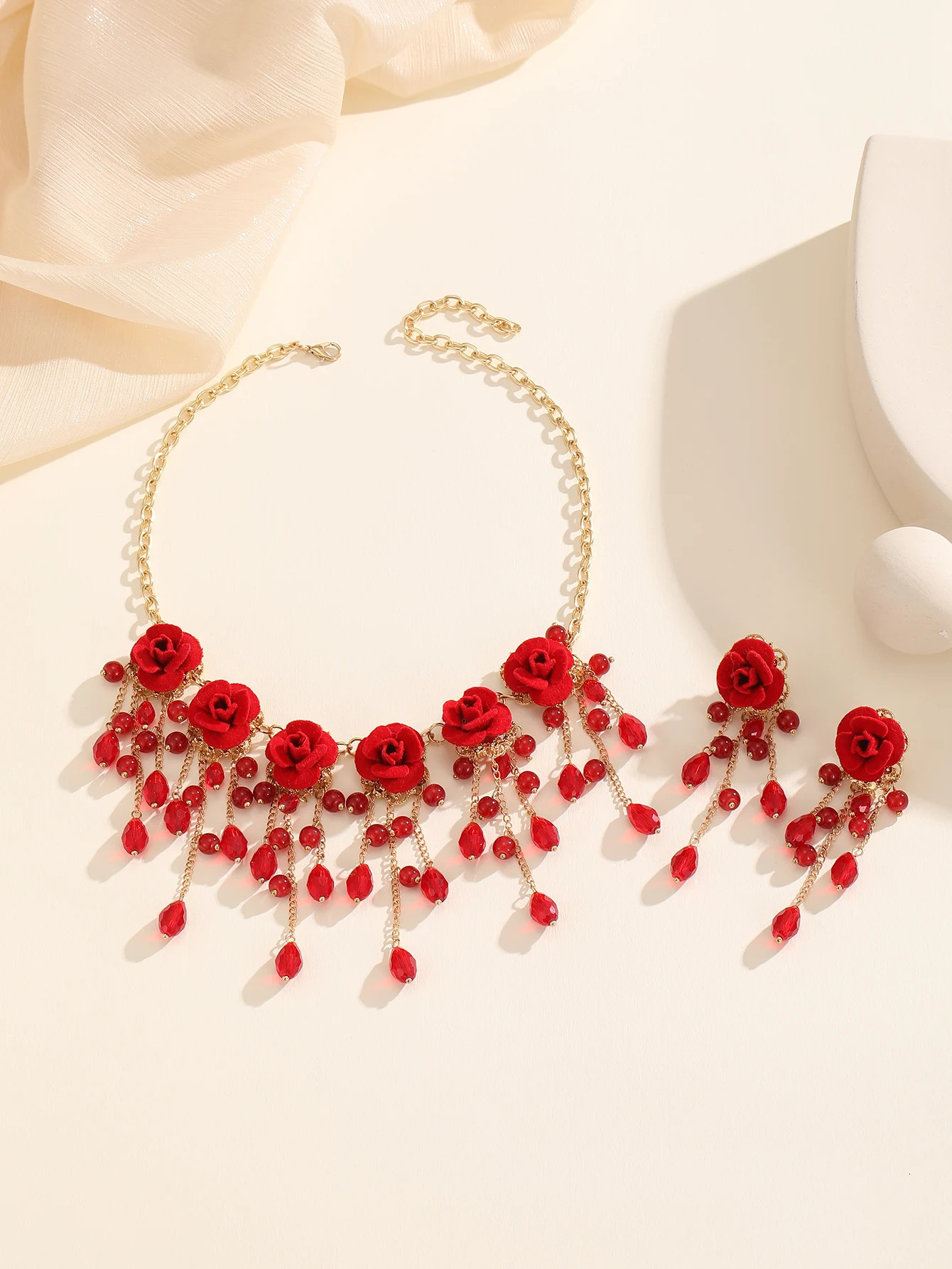 3pcs/set Elegant Vintage Red Rose Crystal Tassel Pendant Necklace and Earrings Romantic Jewelry Set Zinc Alloy Stainless Steel 250530