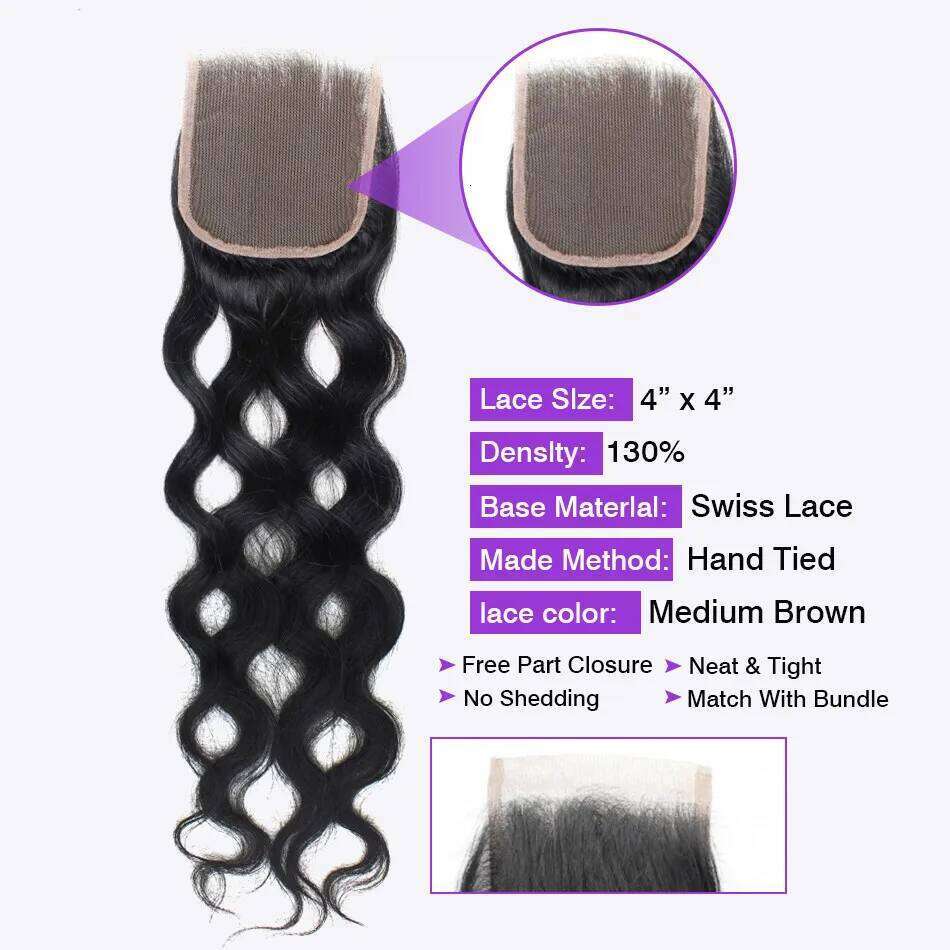 Peruvian Natural Wave Extensions 100% Remy Human Hair 4x4 Closure With Bundles