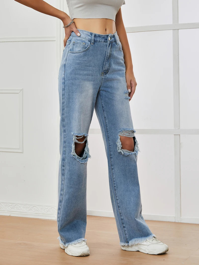 Ripped Jeans for Women Fashion Hole High Waisted Vintage Streetwear Loose Y2k Pants Full Length Jeans 250604