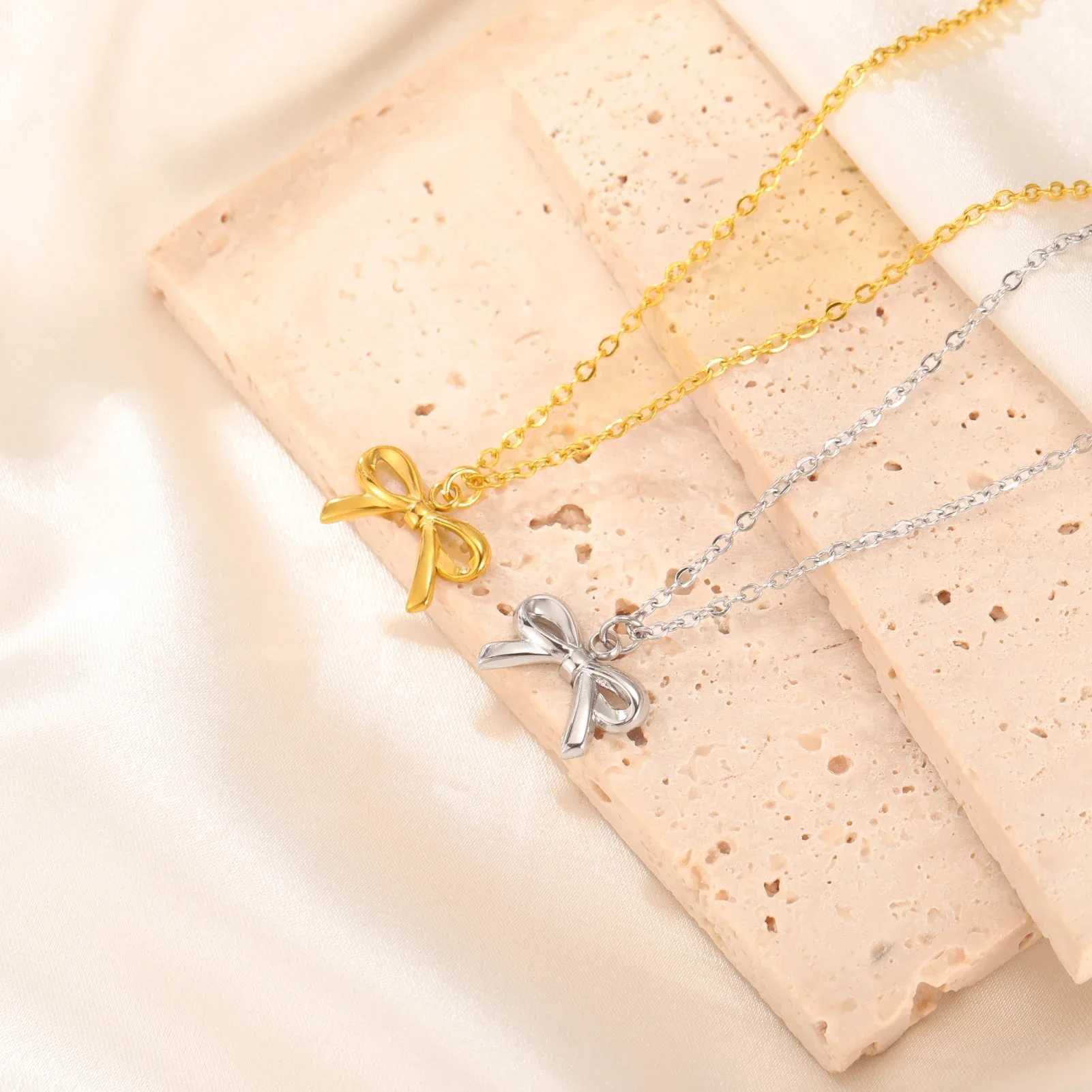 Skyrim Sweet Bowknot Pendant Necklace for Women Girls Stainless Steel Gold Color Chain Choker Trendy Birthday Jewelry Wholesale XJ250604