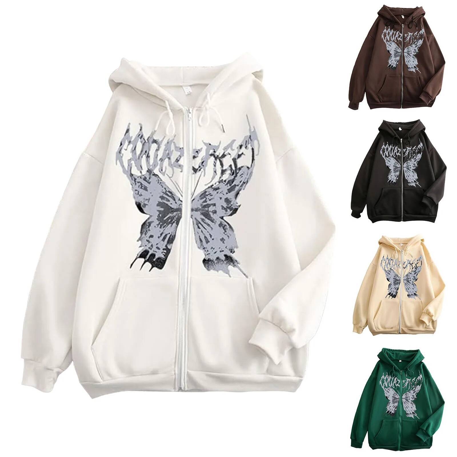 Y2k Haruku Women Hoodie Coat Autumn Gothic Butterfly Printed Sweatshirt Zip Up Long Sleeve Hooded Sweatershirt Pocket Jacket