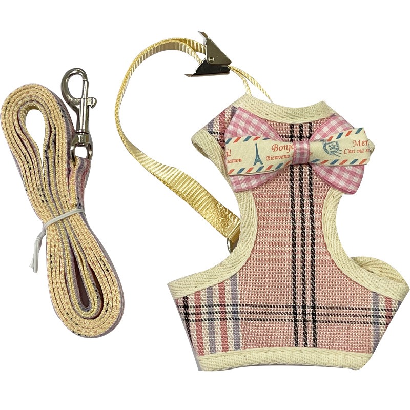 Plaid Pet Harness Leash Set Anti-Break Breathable Cat Dog Vest Harness with Bow Bell for Outdoor Walking
