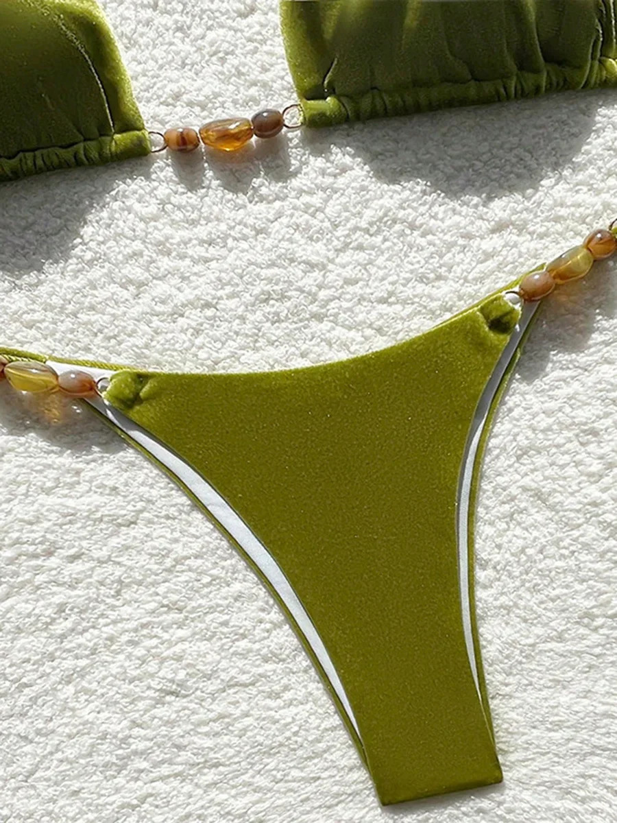Sexy Beads Halter Velvet Bikini Female Swimsuit Women Swimwear Twopieces Set High Cut Bather Bathing Suit Swim Beachwear 250604