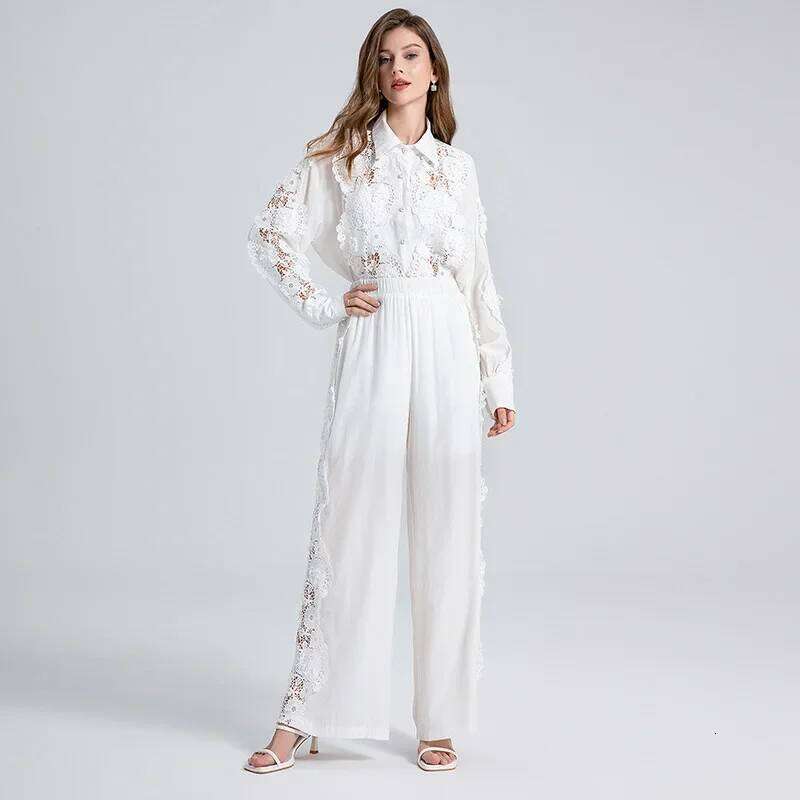 Plus Luxurious Lace Floral Sleeve Shirt High Waist Elasticated Hem Long Pants Set Women's plus Size Casual Fashion ...