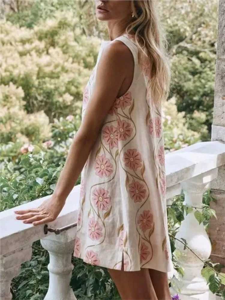 TRAF Print Short Dress Spring Prairie Chic Sleeveless Womens Loose O Neck Simple Midi Casual Lady Dresses 250604