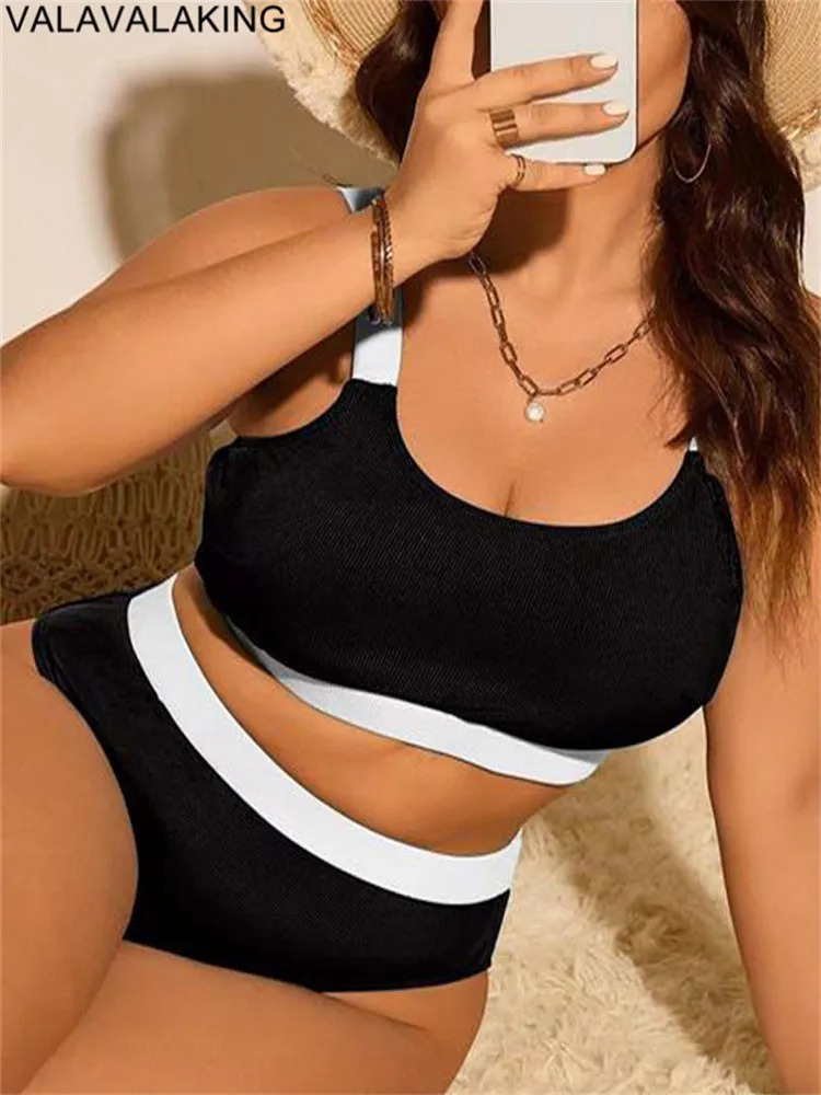 Solid Patchwork Two Piece Plus Size Bikini Women High Waist Large Swimsuit Lady Chubby Swimwear Beach Curvy Bathing Suit 250604