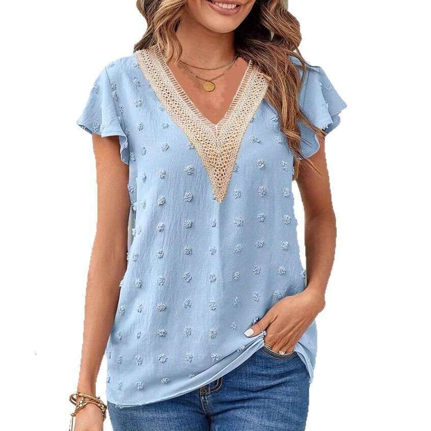 Women's Fashion Summer New V-Neck Ruched Puff Sleeve Pom-Pom Top Chiffon Blouse B5