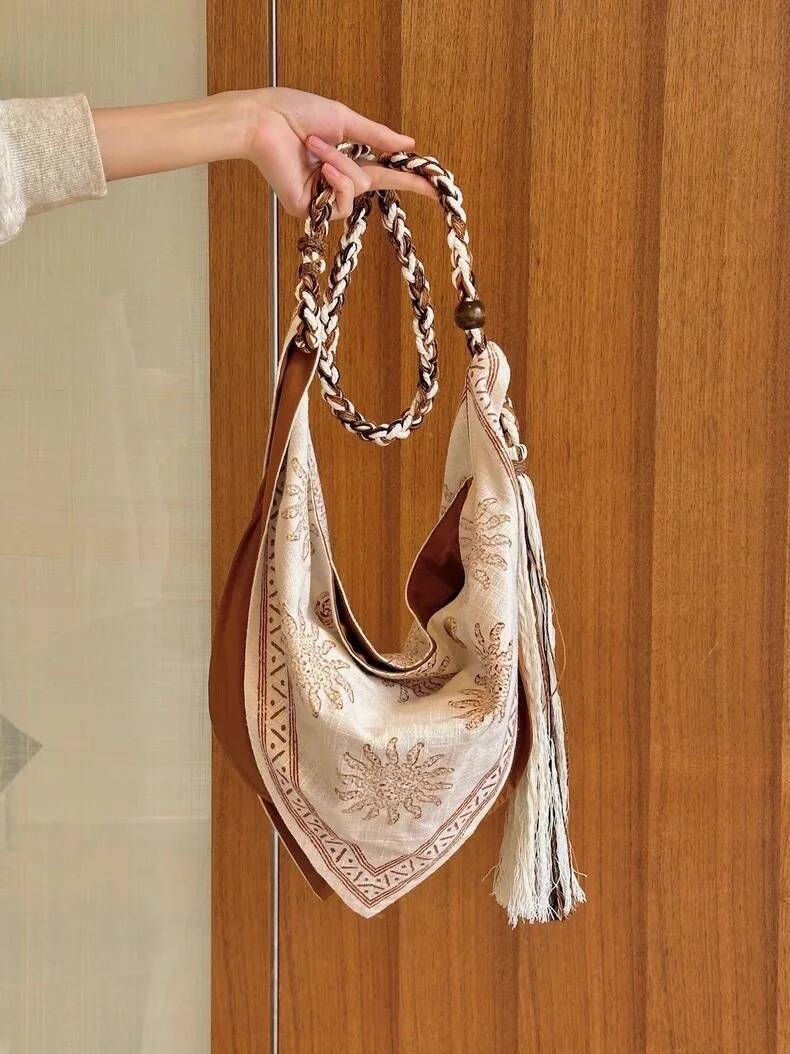 2025 New Women Vintage Shoulder Bags Y2k Aesthetic Braid Rope Design Slant Cross Tote Bag Soft Silk Chinese Style