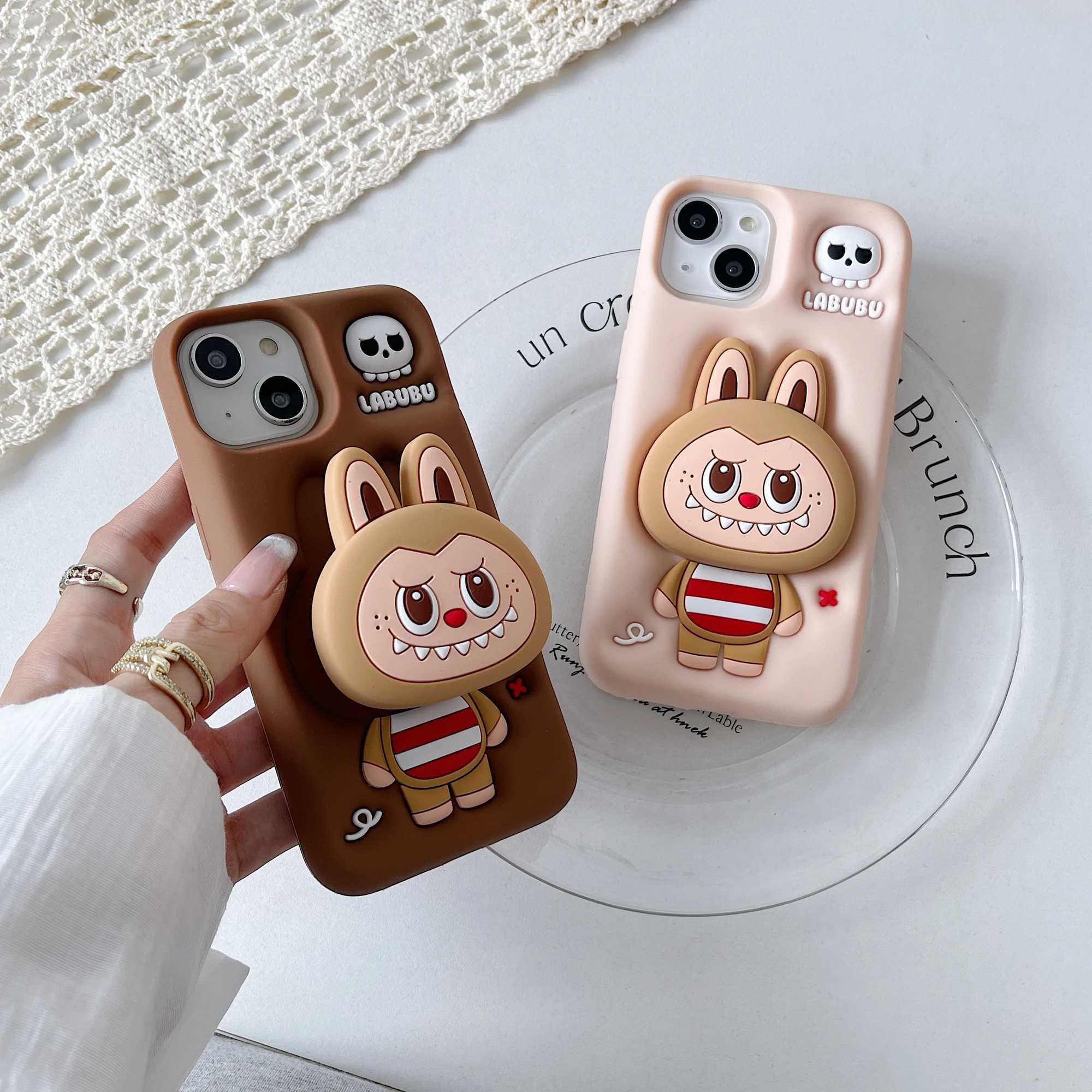 3D Cute Cartoon Stripe Labubu Soft Silicone Phone Case Back Cover For iPhone 14Plus 15Pro 11 12 13 16 Pro Max Telescopic Holder X2506051