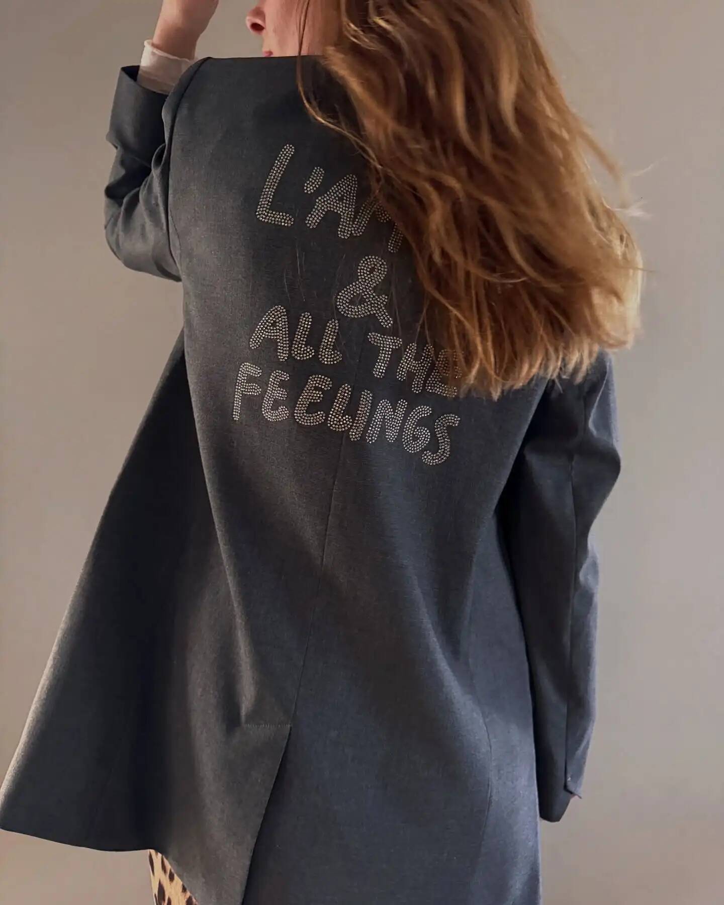 Embellished Rhinestone Blazer Grey Button Fastening Pockets Long Sleeve Autumn Winter Jacket Women