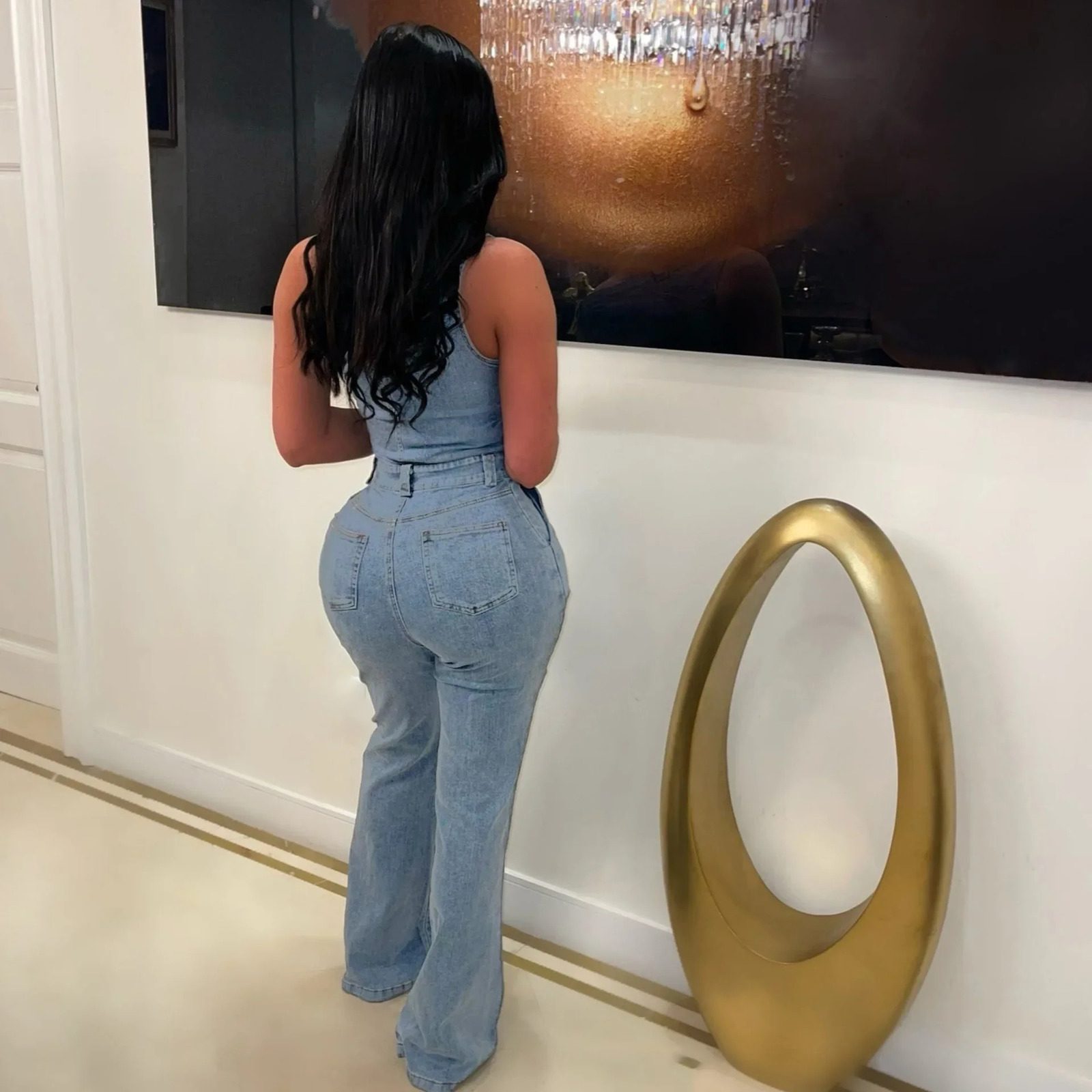 Flare Denim Pants Full Length Women Jeans One Piece Overalls Spliced Solid Jumpsuits Loose Pockets High Waist Basics Washed 250604