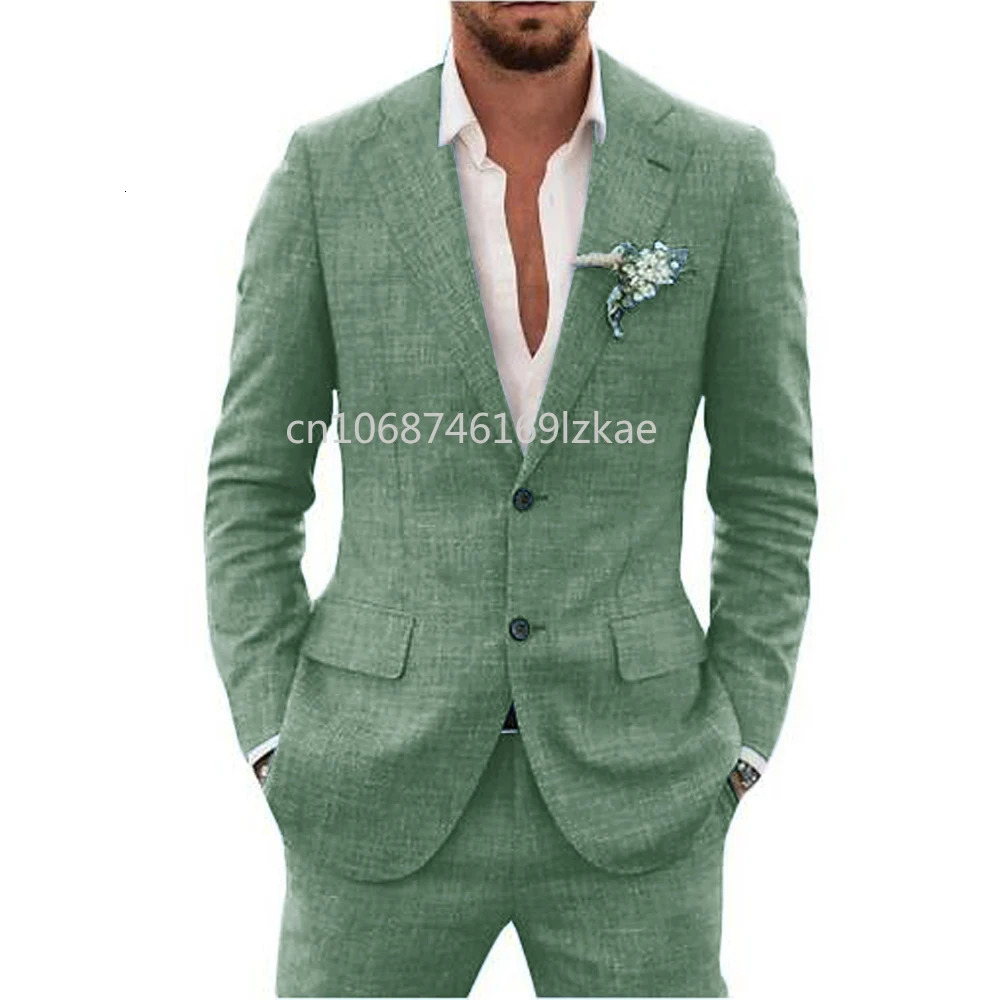 Linen Suiting Fabric Full Mens Suit Lapel Collar Single-breasted 2 Piece Set Elegant Man Suits High Quality Blazer 250530