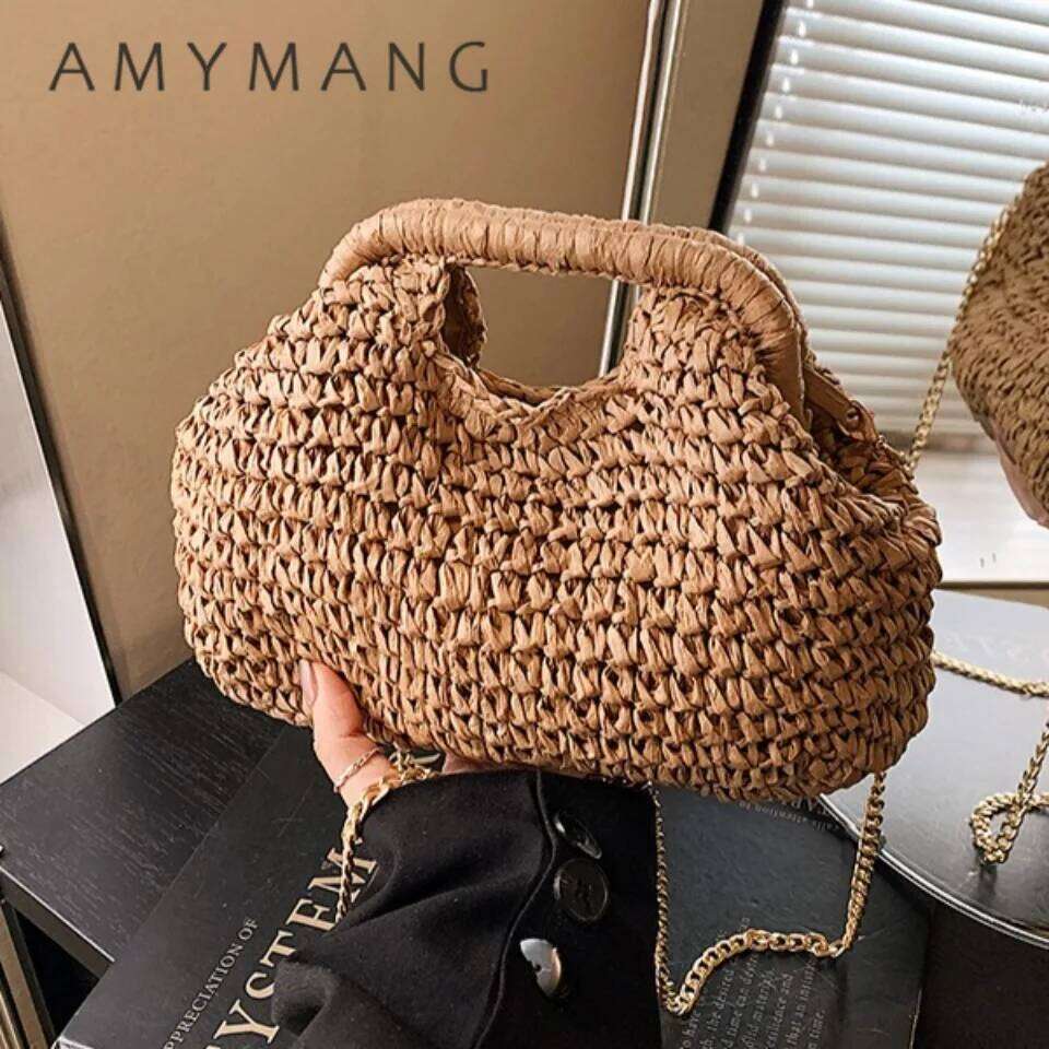 OLOEY Retro Woven Clutch Bags for Women 2025 Straw Shell Chain Handbag Messenger Ladies Holiday Beach Eco-friendly Crossbody Bag