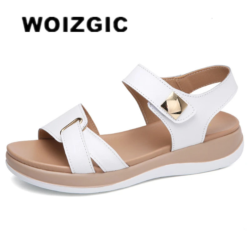 WOIZGIC Women Female Ladies Mother Genuine Leather Shoes Sandals Flats Soft Hook Loop Korean Bling Summer Beach Size 3540 250605