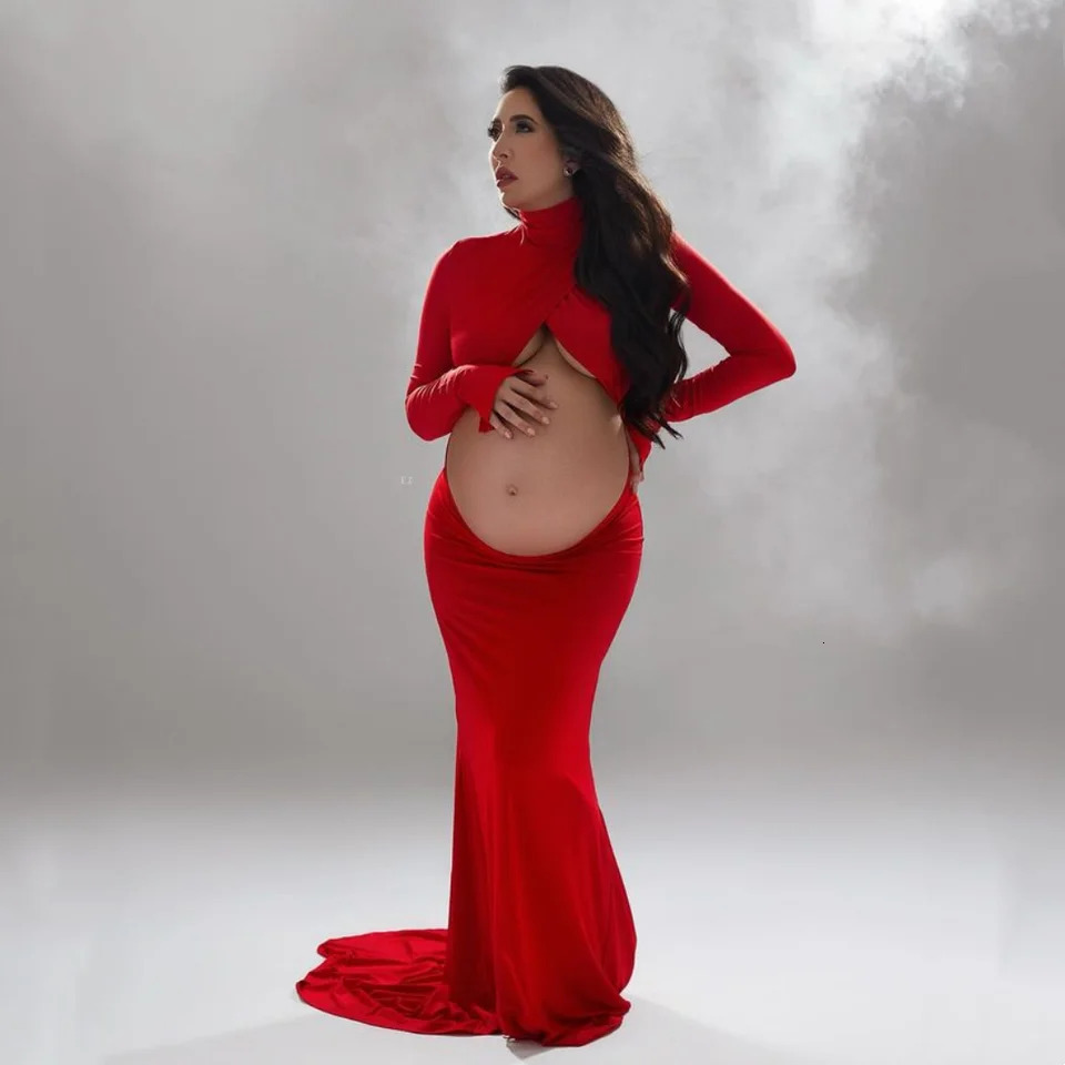 Full Sleeve High Neck Maternity Pography Outfit Bodycon Pregnancy Po Shooting Maxi Dress 250530