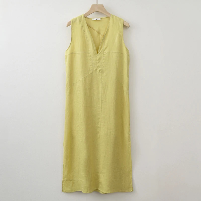 Summer Women Solid Linen V Neck Sleeveless Fashion Dress Split Tank Dress 250529