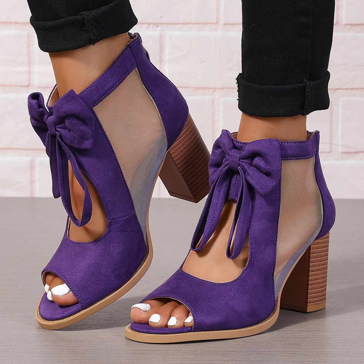 European and American fashion fishmouth thick fourcolor black beige purple Burgundy highheeled back zipper womens sandals 250605