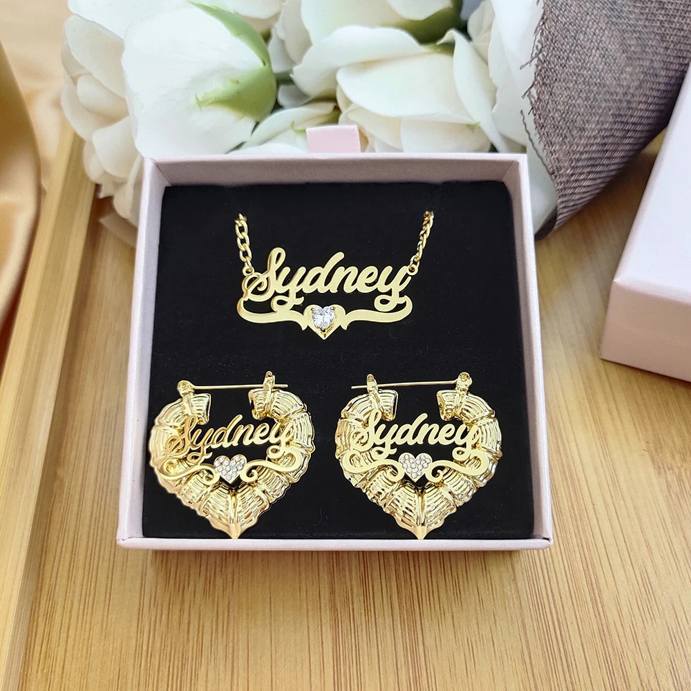 Custom Name Jewelry Sets Stainless Steel Heart Bamboo Earrings and Zircon Necklace with Letters Women Childrens Gifts 250530