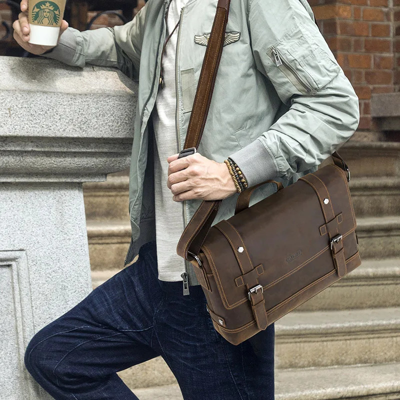 CONTACTS crazy horse genuine leather mens bag vintage man shoulder bags for laptop messenger bags male bolsa crossbody handbag 250603