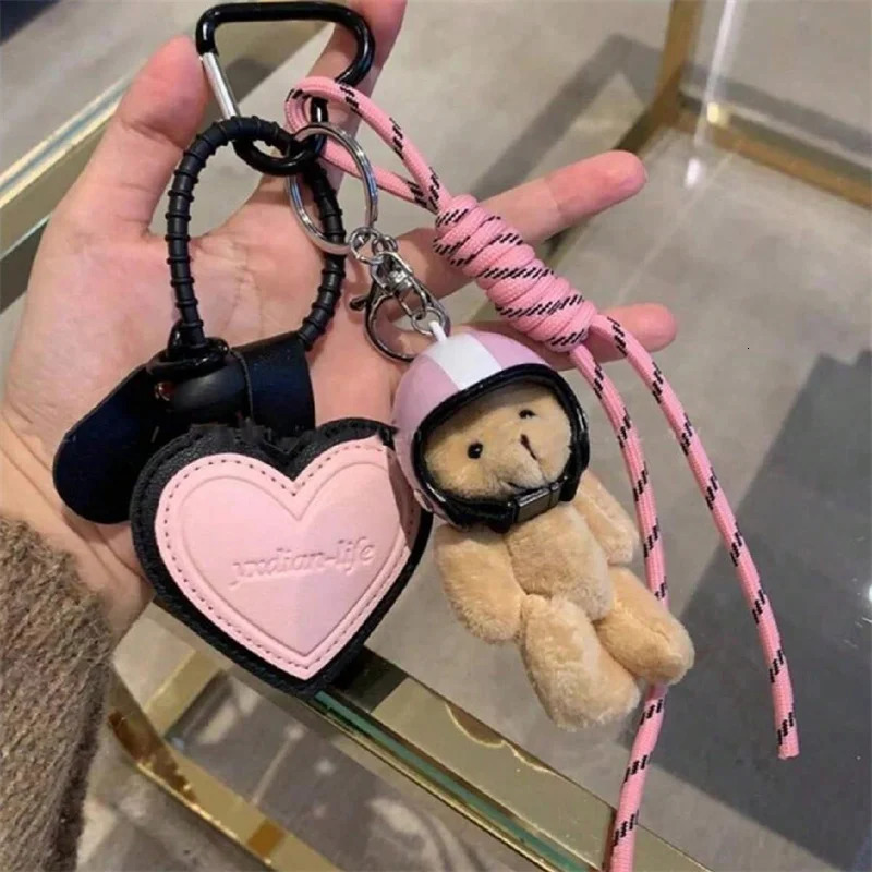 Cute Helmet Bear Pendant DIY Personality Car Key Chain Decoration Charm Woven Rope Hanging Mobile Phone Key Ring Bag Accessories 250604