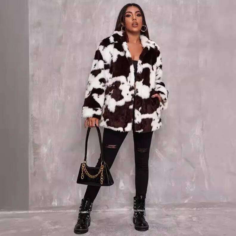 European American Cross-border Imitation Fur Coat Women's Clothing Autumn and Winter Original Style Cow Pattern