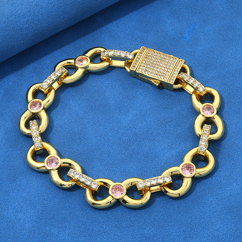 12mm Moissanite Bracelet Figure Eight Infinity Chain Pink Round Moissanite Hip Hop Jewelry Mens Bracelet