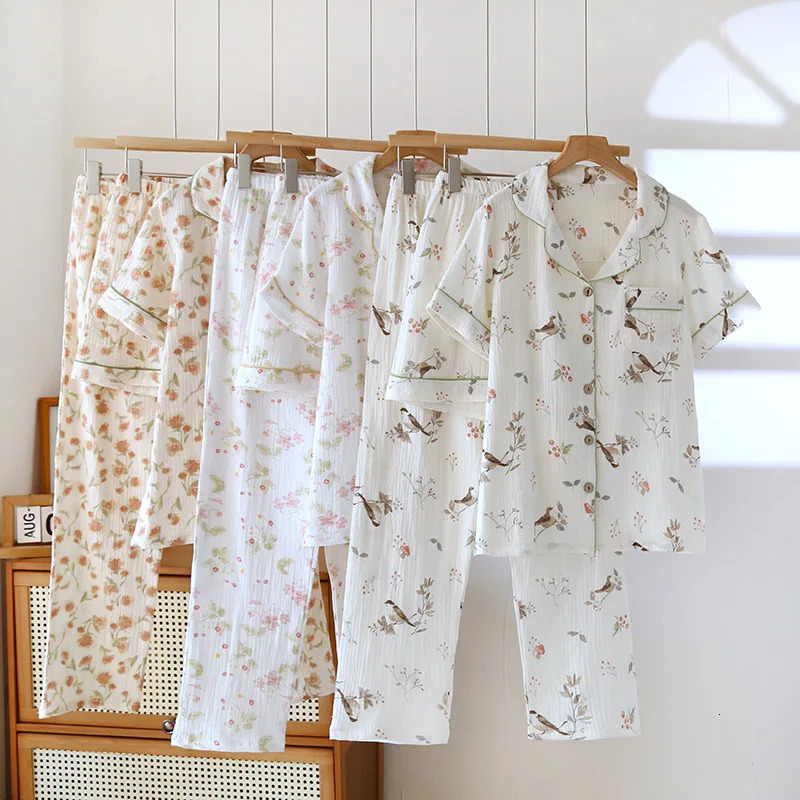 Wholesale Retail Cotton Gauze Three-piece Pajamas Womens Thin Short Sleeve Shorts Large Size Trousers Loungewear Set 250529