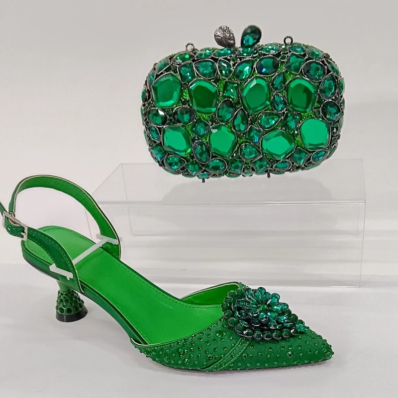 INSIGHTLINK Womens Green Color Rhinestones Shoes and Bag Set Pointed Toe Pumps for Wedding Party Diamonds High Heeled Sandals 250605