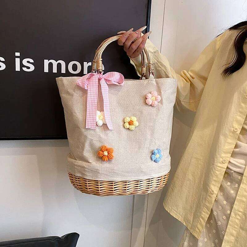 Grass Linen Patchwork Women Designer Rattan Woven Bag Large Capacity Portable Leisure Tote Girls Beach Shopping Basket