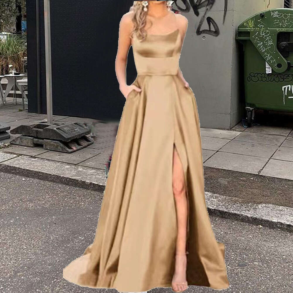 Solid color European and American long skirt slimming off-shoulder, fashionable bridesmaid group evening dress 2025 new casual versatile fashion cloth