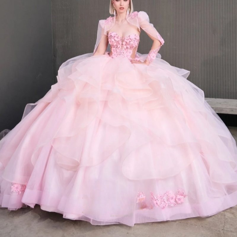 Pink Quinceanera Dresses Birthday Party Ball Gown Appliques Flower Beads Tiered Tull Off the Shoulder Vestidos De 15 Anos Sweet 16 Dress