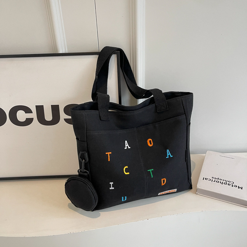 designer Large Capacity Canvas Bag for Women 2025 New Trendy Embroidered Letter Handbag Fresh Style Student Shoulder Tote Bag