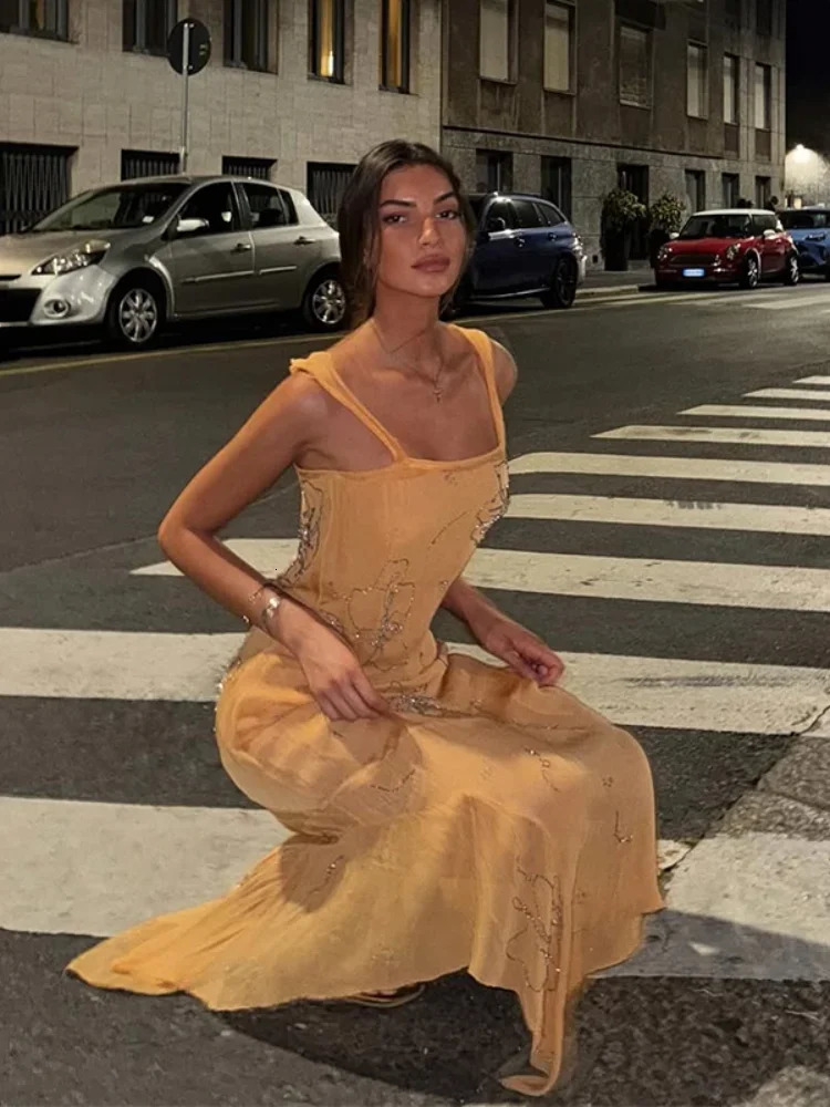 Sexy Beading Long Sling Dress Women 2025 Summer Irregular Square Collar Sleeveless Backless Beach Dresses Loose Holiday Robes 250604