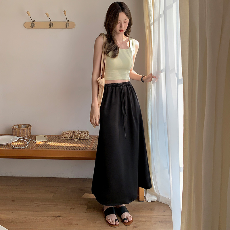 MUU3180 Large Swing Skirt Acetate Satin Skirt Women 2025 Summer New Breathable High Waist Lace-up